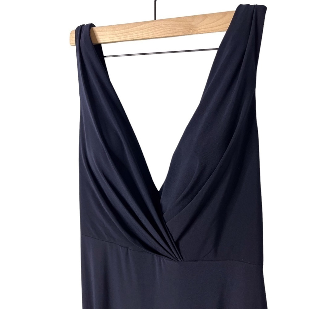 Mac Duggal Ruched Deep V Neck Gown Sleeveless Dress Leg Slit Navy Blue Size 12 - Picture 6 of 11